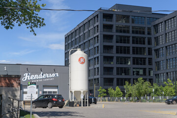 Naklejka premium facade and sign of Henderson Brewing (with view of T3 Junction) located at 128A Sterling Rd, Toronto