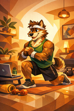 A furry wolf character in a fitness-oriented setting