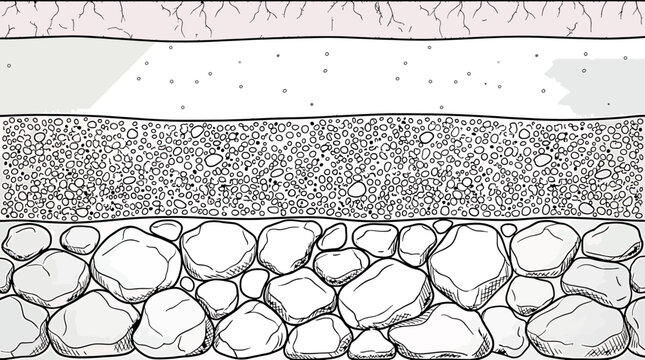 Cross section of soil layers showing different types of earth strata including topsoil, sand, gravel, and large rocks underground