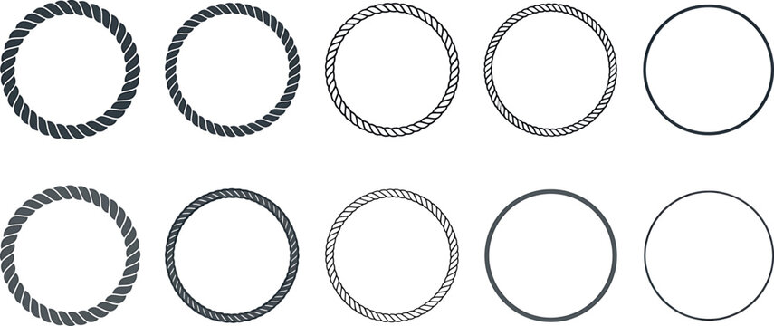 Set of rope circle frames, nautical border elements, vector illustration isolated on white background