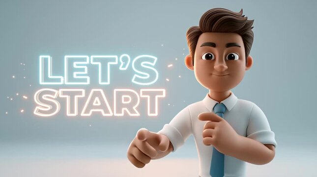 Person speaking directly to camera, pointing at large floating text &ldquo;LET&rsquo;S START&rdquo;, expressive hand gestures, dynamic presentation, modern marketing scene.