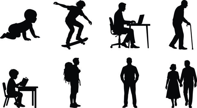 Black Silhouettes Depicting Human Life Stages from Childhood to Adulthood and Elderly Companionship