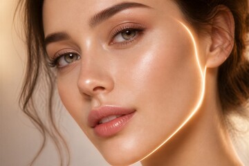 Fototapeta premium Young woman closeup with glowing contour line on face