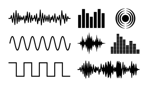 Diverse Audio Waveform Icons, Sound Waveform Graphics, Music Equalizer Set, Digital Signal Patterns