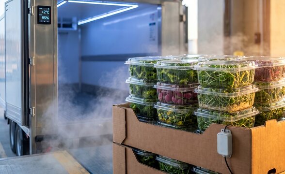 Ultra-realistic premium commercial cold-chain logistics photography of neatly stacked transparent retail trays filled with premium fresh shiitake mushrooms positioned directly beside an open refrigera