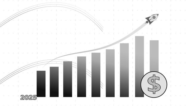 Rocket rising above growth chart in 2025 to 2026 animation, Rising bar chart with rocket launching upward, showing growth and progress in 2025 to 2026