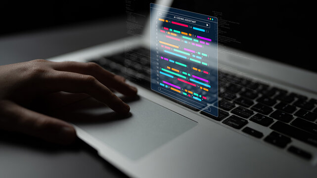 A close-up view of a hand typing on a laptop keyboard while a vibrant coding interface hovers on the screen, highlighting the integration of technology in modern workspaces. Cyphers