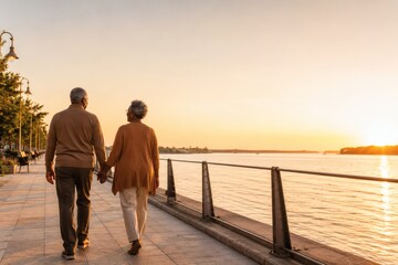 Fototapeta premium Senior couple walking hand in hand along waterfront promenade at sunset
