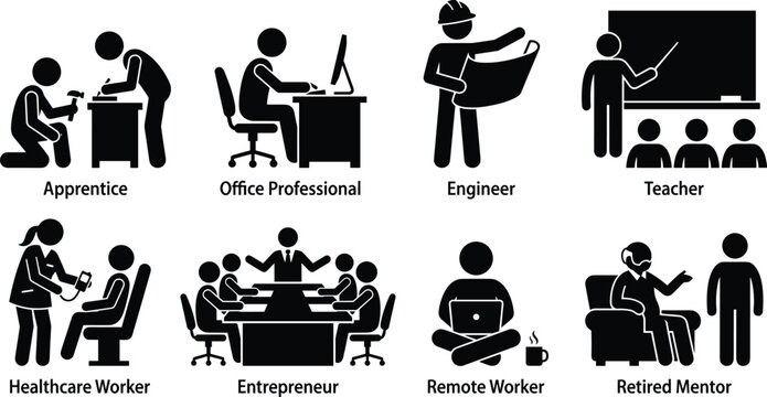 Black Silhouettes of Diverse Professional Roles and Career Activities Collection
