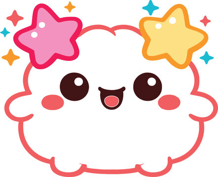 Cute Kawaii Cloud Character with Star Hair Clips and Happy Face