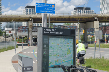 Naklejka premium Bike Share Toronto map poster at Cherry St and Lake Shore Blvd E (looking north on Cherry St to elevated Gardiner Expressway)