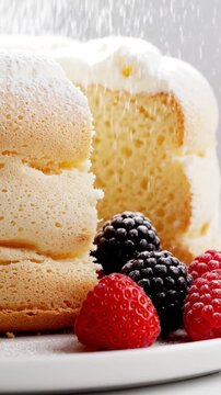 Cinematic View Of White Angel Food Cake With Very Airy Sponge Texture And Fresh Berries On Side