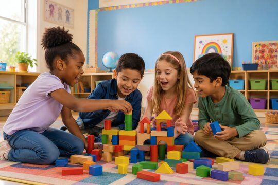 Diverse children building with colorful blocks in classroom