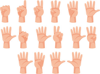Fototapeta premium Hand Gestures Collection: A vibrant collection of human hand gestures, displaying various counting and signaling poses. This graphic resource visually represents communication and enumeration.