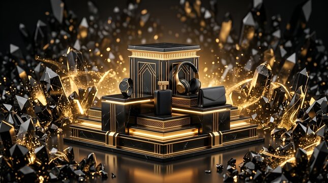 Black Platform With Accessories And Golden Crystal Surroundings 3d Render