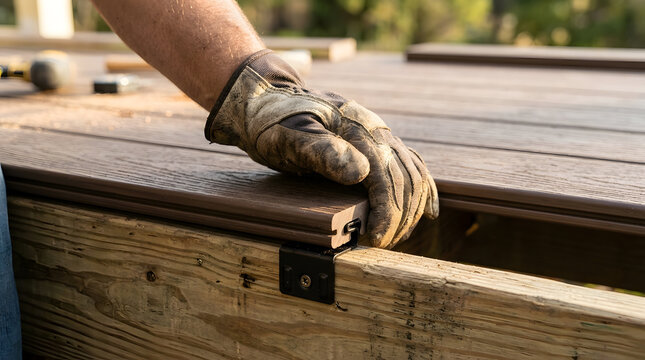 Professional composite decking installation process | Worker hand in protective glove installing outdoor wood deck boards | Home renovation and backyard improvement | Carpentry and construction tools