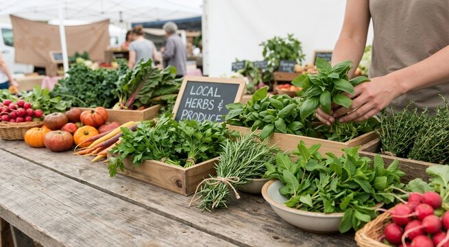 Fresh herbs and vegetables on a wooden table at a farmers market. Person holding a bunch of basil next to a local produce sign