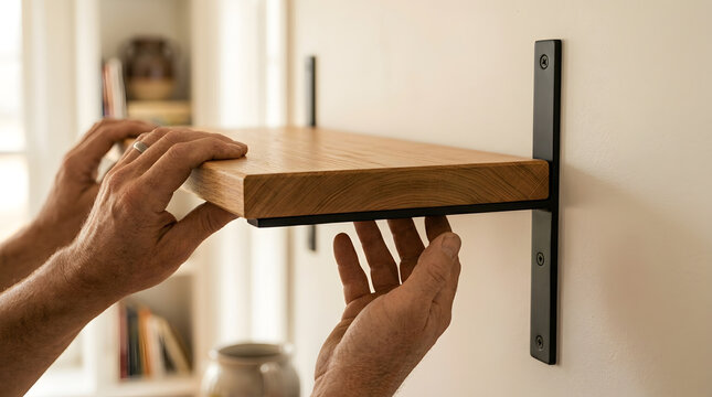 Man Installing Wooden Floating Shelf on Wall with Metal Brackets | DIY Home Improvement and Interior Design Decoration Project | Close-up of Hands Mounting Solid Oak Shelf for Storage | Craftsmanship