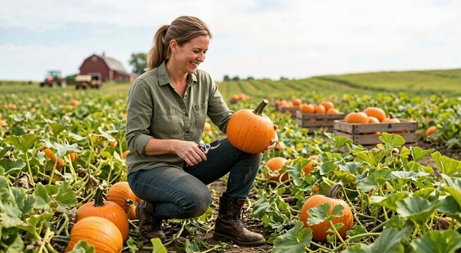 Smiling woman harvesting pumpkins in a field. Female farmer holding a pumpkin and shears with wooden crates and red barn in background