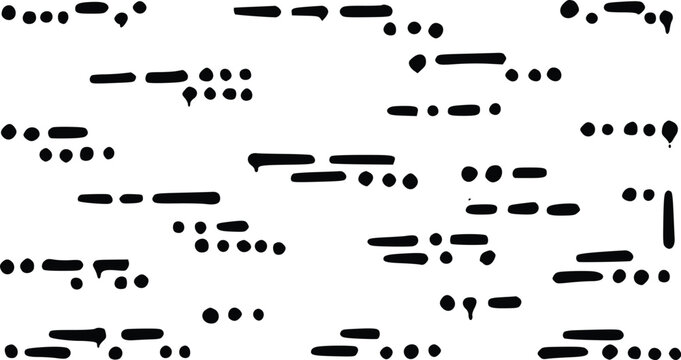 Black and white vector graphic illustration featuring an abstract pattern of dots and dashes inspired by classic morse code signals