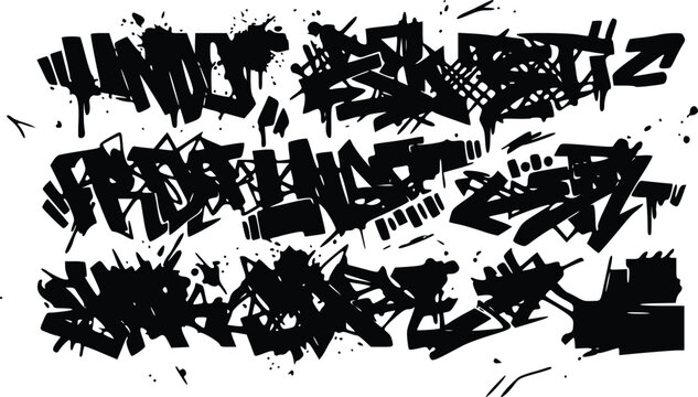 Intricate black and white graffiti vector illustration featuring abstract wildstyle lettering with messy paint splatters and sharp angular urban shapes