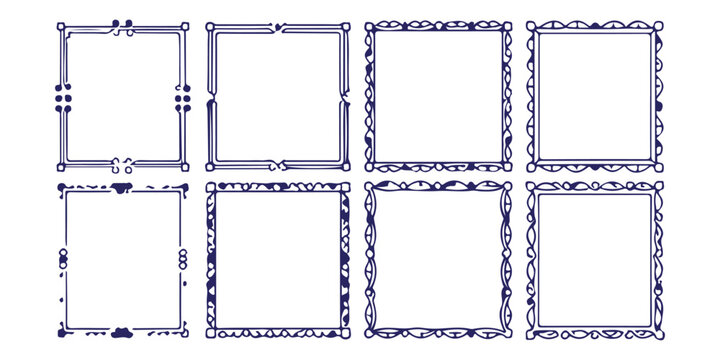 Set of decorative square borders and vintage photo frames in black outline sketch style