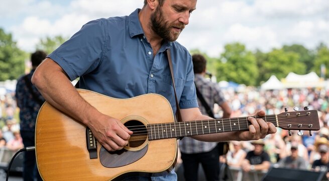 Close up of a male musician playing an acoustic guitar on stage. Summer outdoor concert festival with blurred crowd in background