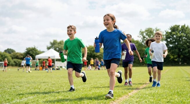 Energetic children running with water bottles on a grassy field at a summer sports camp. Diverse group of happy kids in colorful t-shirts enjoying outdoor physical activities