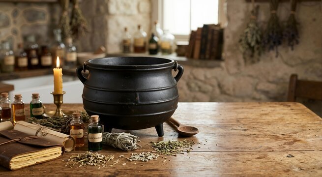 Black cast iron cauldron on a rustic wooden table with magic potions and herbs. Alchemy and witchcraft concept with spellbook and lit candle