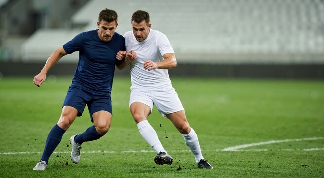 Aggressive shoulder to shoulder challenge between two rival soccer players. Male athletes competing in a football match on a stadium pitch