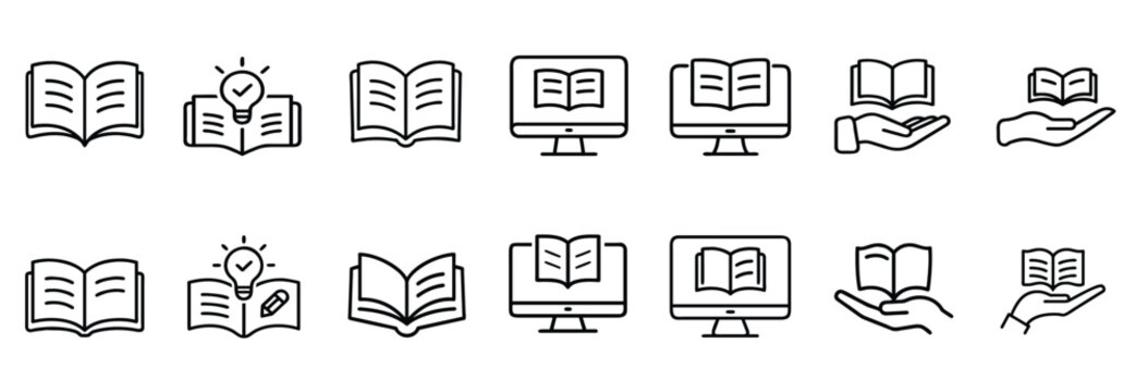 E learning open book online education laptop screen web line icons set hand holding creative bulb idea library digital knowledge & more vector illustration with editable stroke