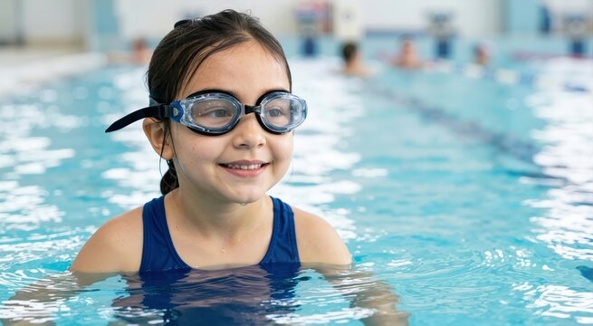 Close up portrait of a smiling young girl wearing clear swimming goggles in an indoor pool. Happy child enjoying water activities and swimming lessons
