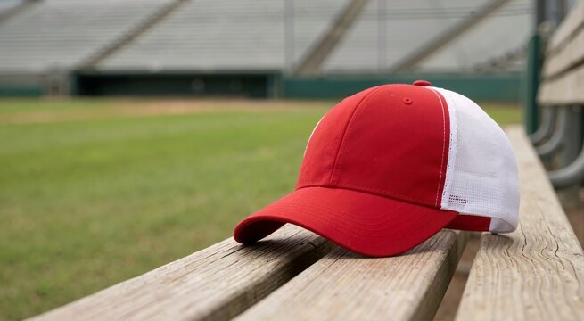 Red and white baseball cap resting on a wooden bench. Trucker hat in an empty baseball stadium with green field in background