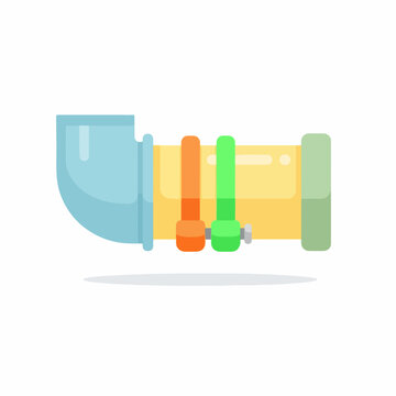 Plastic pipe joint connected with colorful hose clamps. Flat design vector illustration. Plumbing installation and hardware concept