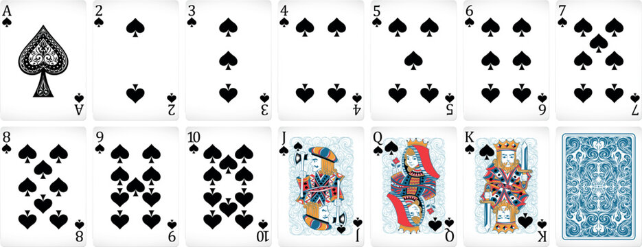 Spades Suit Playing Cards: A collection of playing cards displaying the full suit of spades, from Ace to King, alongside the card back, illustrating the classic game elements.