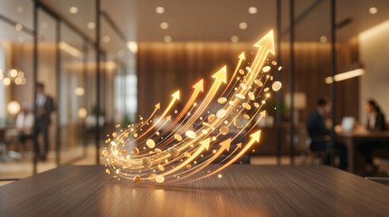 Obraz premium Financial growth arrows with golden coins ascending, symbolizing business success in a modern office