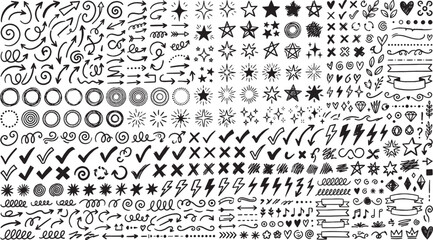 Fototapeta premium Set of black hand drawn doodle icons and design elements including arrows stars hearts and shapes