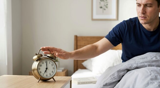 Man reaching from bed to turn off a vintage alarm clock at 7 AM. Waking up early in the morning for back to work routine