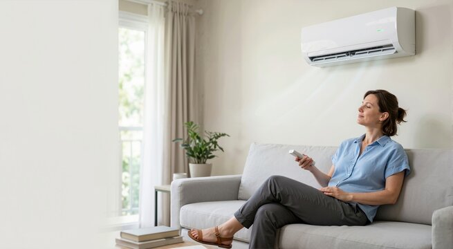 Woman relaxing on a sofa under a running air conditioner unit. Cooling down at home during summer heat with climate control appliance