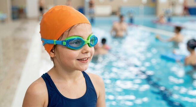 Close up of a smiling young girl wearing an orange swim cap and goggles in an indoor pool. Happy child participating in swimming lessons and water activities
