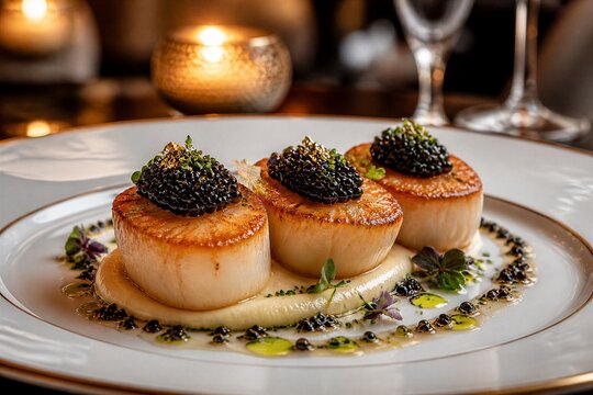 Seared scallops topped with caviar on fine dining plate