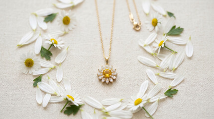 Obraz premium Gold Necklace with Sparkling Flower Pendant Surrounded by White Daisy Petals on Fabric