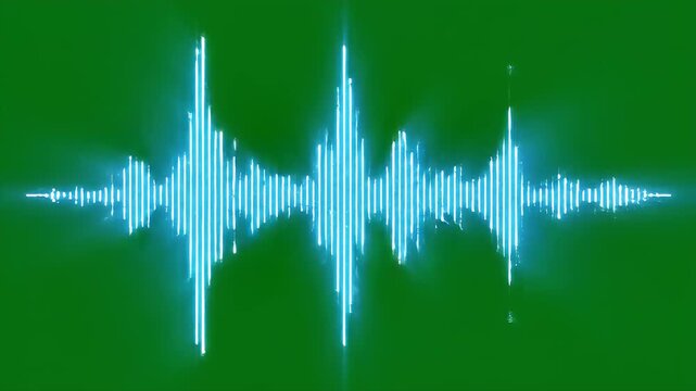 A bright blue audio waveform pulses against a vibrant green background, suggesting sound visualization.