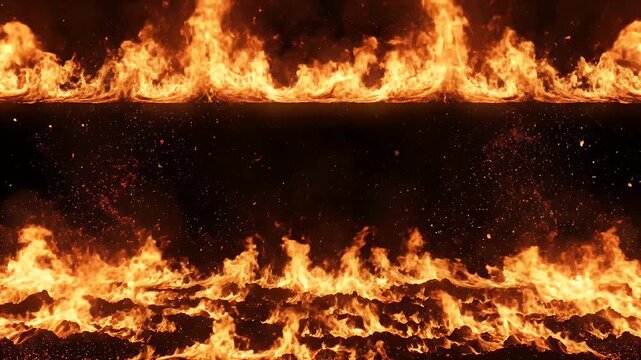 A symmetrical frame made of vibrant orange flames on a black background.