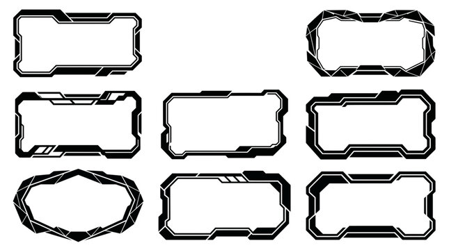 Set of eight futuristic black vector graphic frames featuring geometric tech borders for modern digital interface and screen design layouts