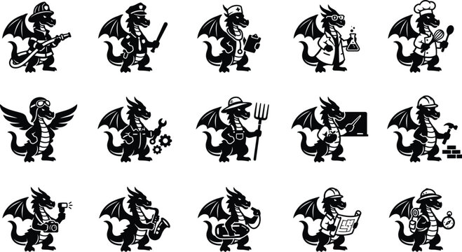 Silhouette of various dragons in different professions and activities
