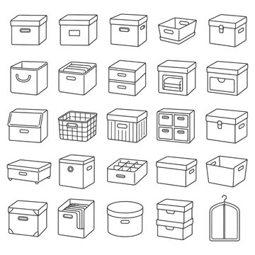 Various box and storage container line icons collection.