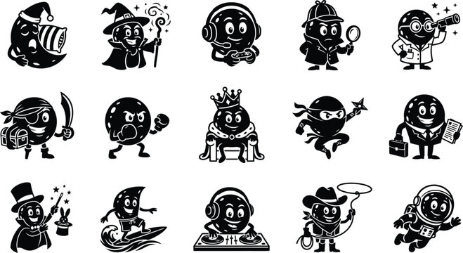 Silhouette of various cartoon characters in different professions and activities