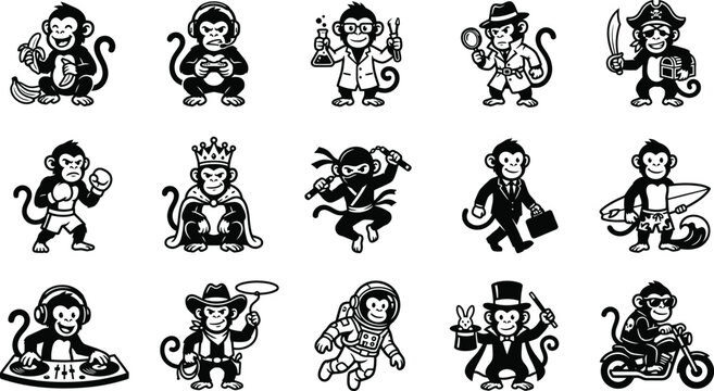 Collection of silhouette monkeys in various occupations and activities