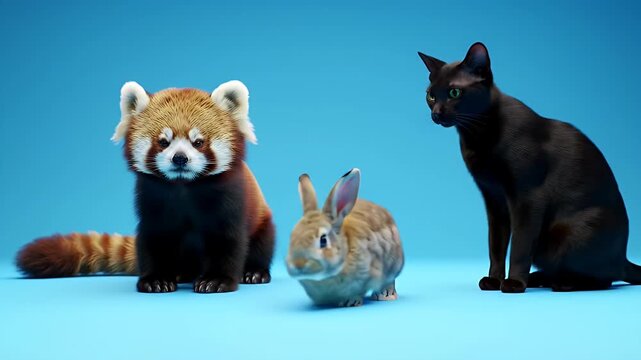 A Red Panda, Rabbit, and Black Cat Pose on a Blue Background